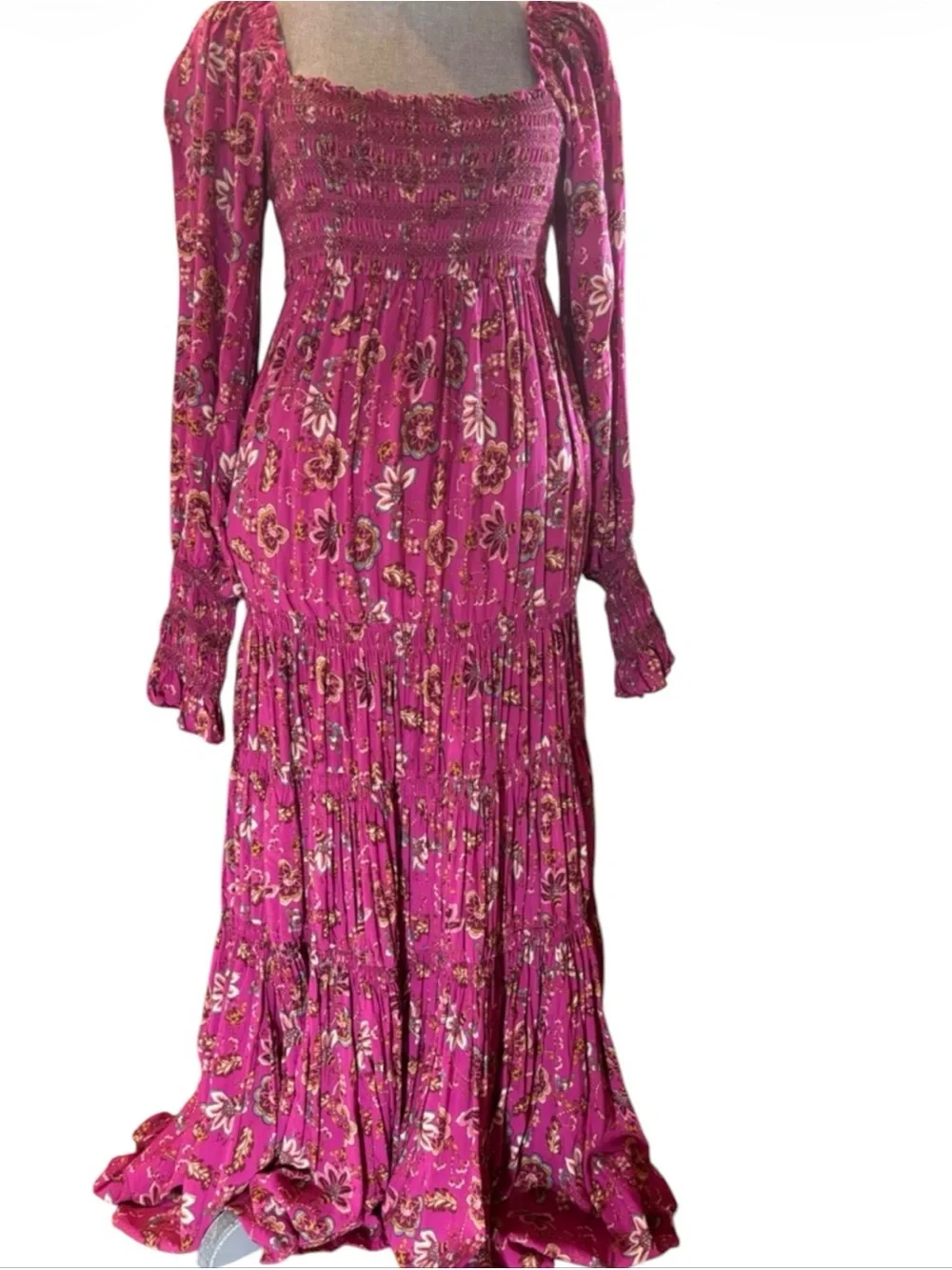 Free People Oasis Maxi Dress S Fairy Floral Viscose Boho Milkmaid Stretchy